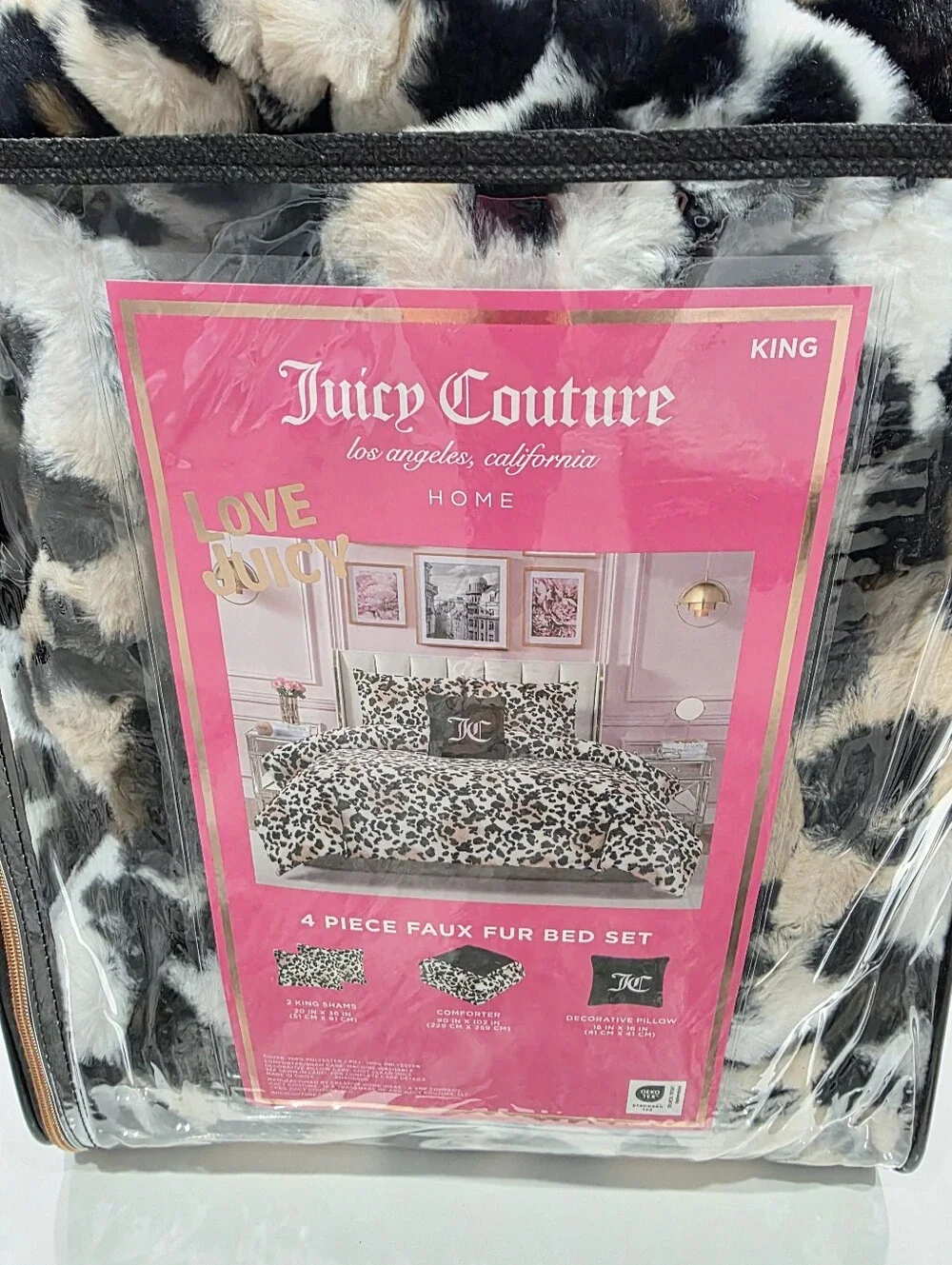 Juicy Couture KING 4 piece Faux Fur Leopard Luxurious Comforter Set New